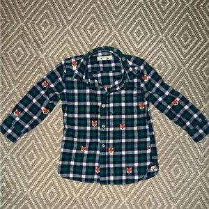 Mini Boden Blue and Green Plaid Shirt with Fox Design